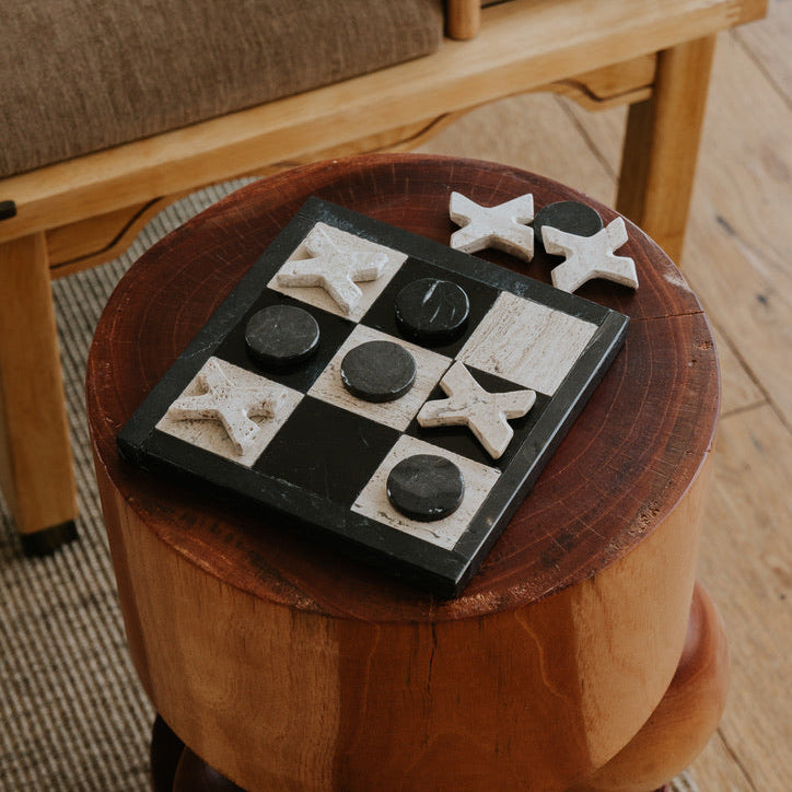 Tic Tac Toe Set Travertine & Black Marble: Hand-Crafted by artisans in Mexico