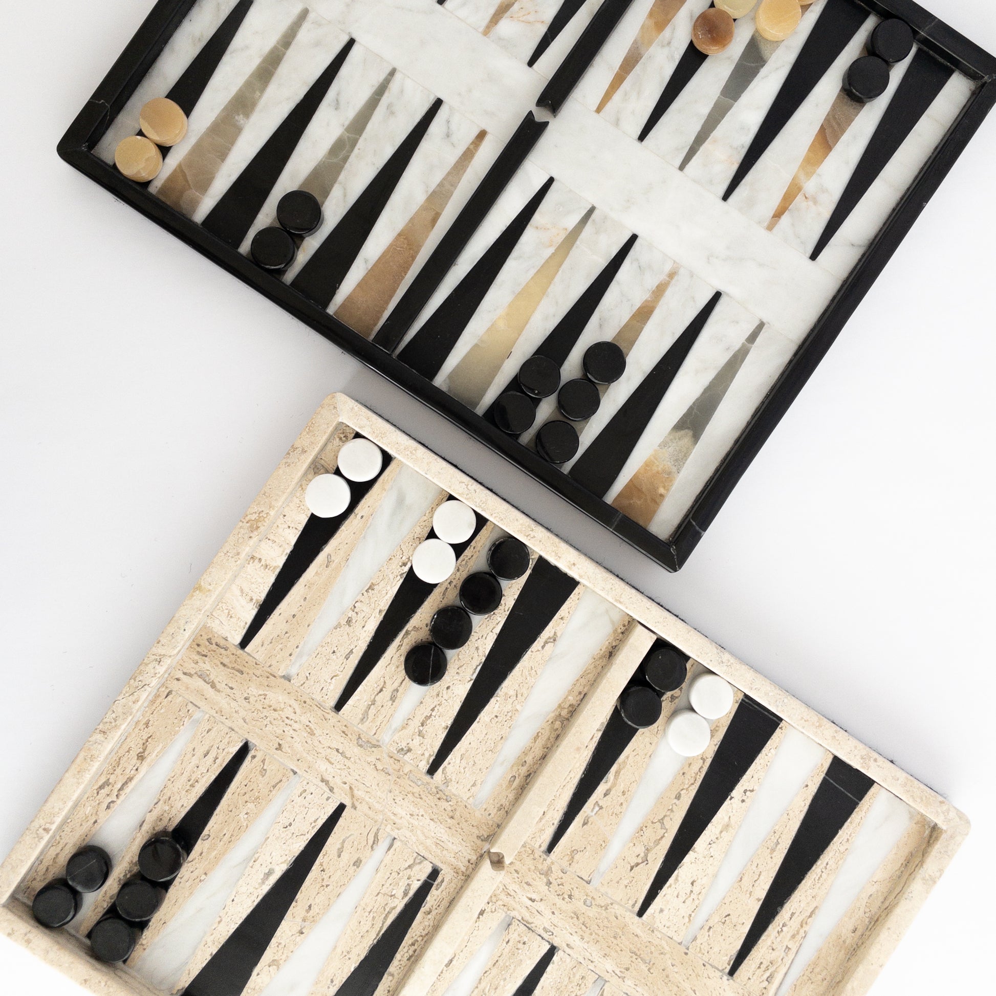 Tan and black and white marble backgammon sets