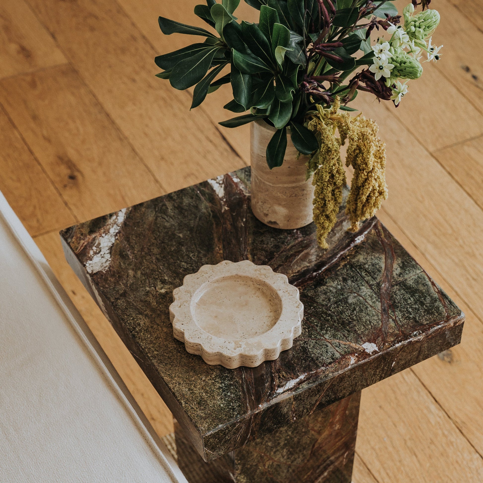 travertine catchall tray styled in modern home
