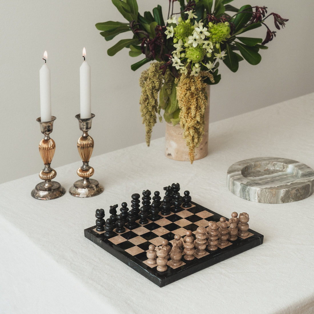 Chess set - travertine & black