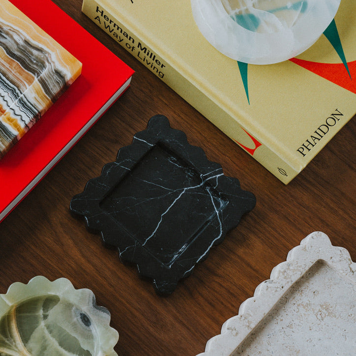 stone catchall tray styled on coffee table