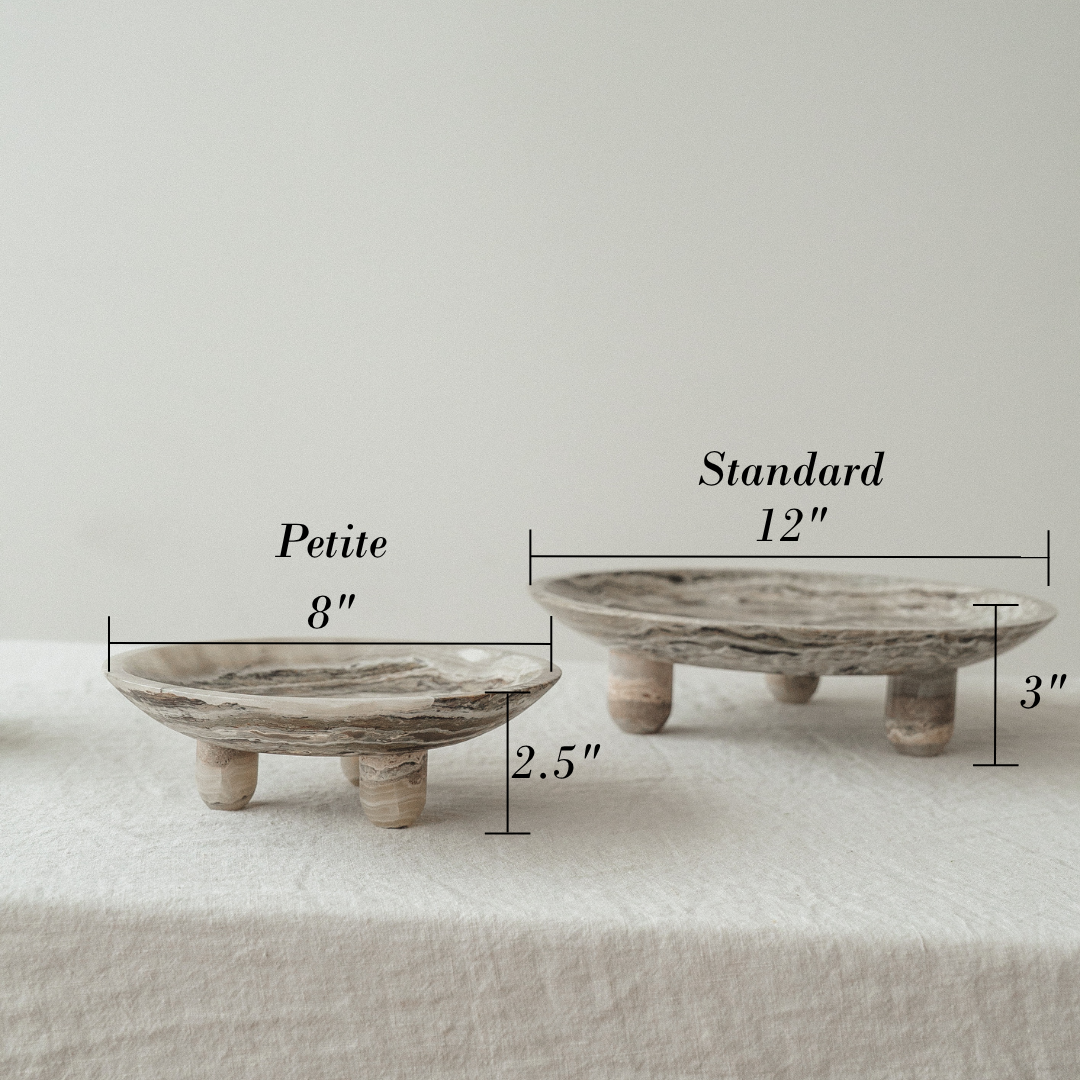 stone serving dish with labeled dimensions