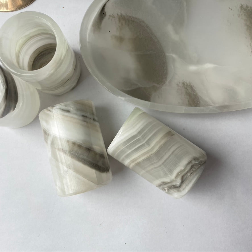 close up of unique onyx veining in shot glass