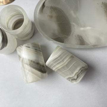 close up of unique onyx veining in shot glass