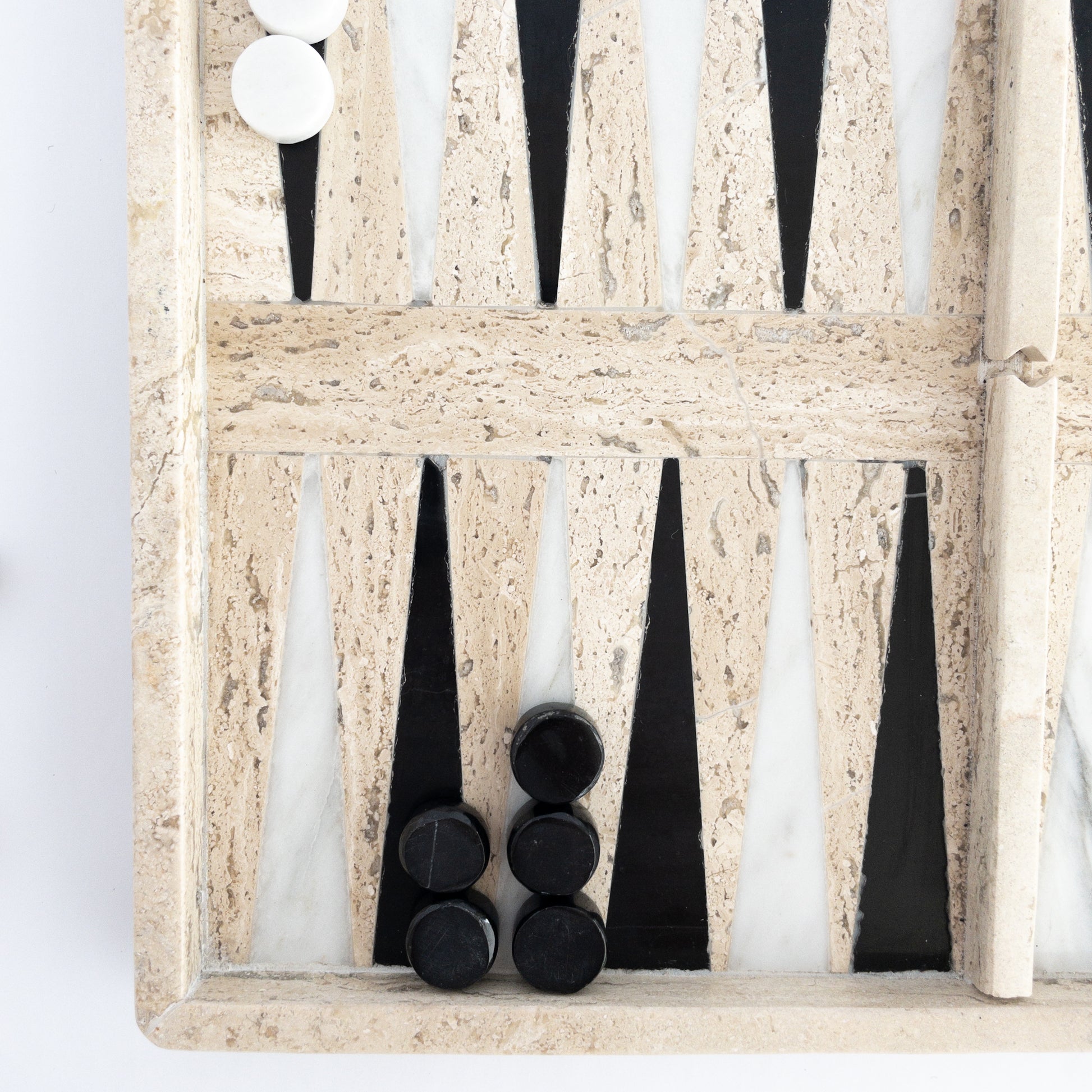 hand-crafted travertine backgammon set with natural veining